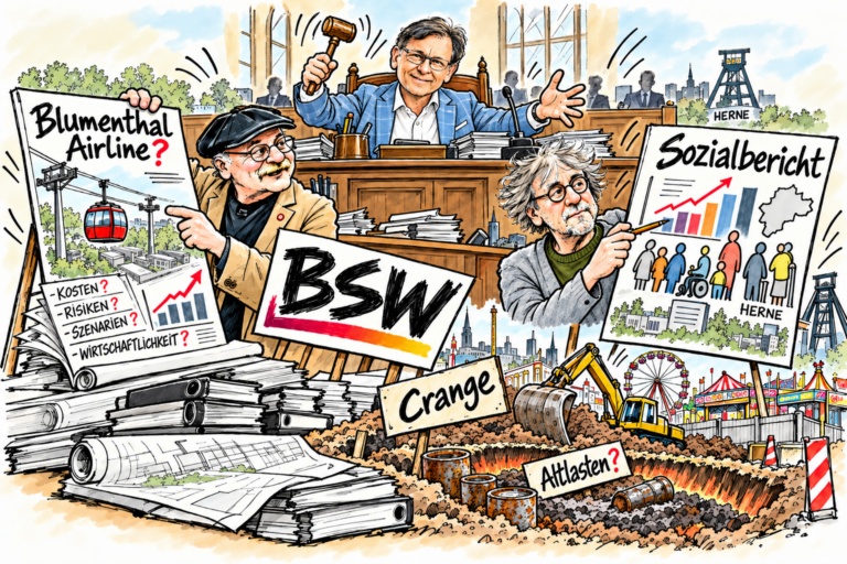 Karikatur zur Herner Kommunalpolitik: Ratsdebatte über Sozialbericht, Risiken der Blumenthal Airline und mögliche Altlasten am Cranger Kirmesplatz.