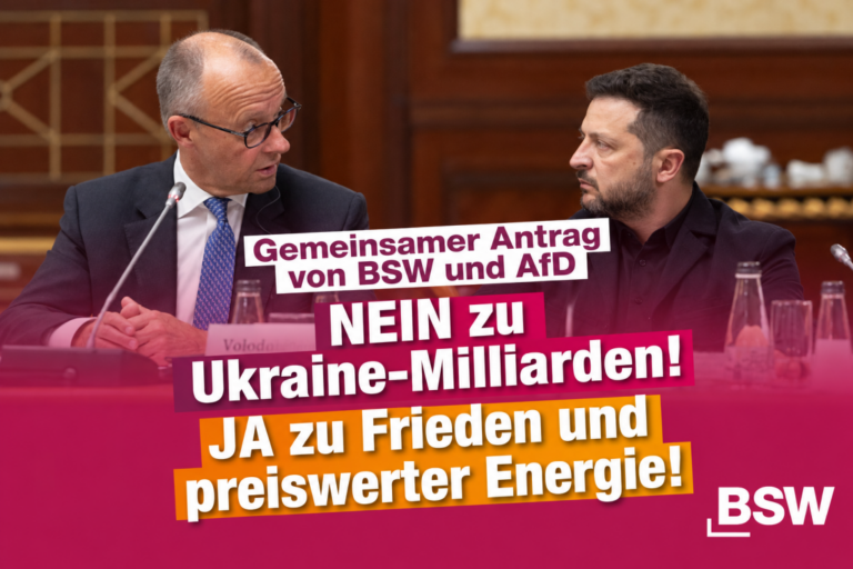 Zwei Männer im Gespräch an einem Konferenztisch. Darüber die Schriftzüge „Gemeinsamer Antrag von BSW und AfD“, „NEIN zu Ukraine-Milliarden!“ und „JA zu Frieden und preiswerter Energie!“ sowie das BSW-Logo.